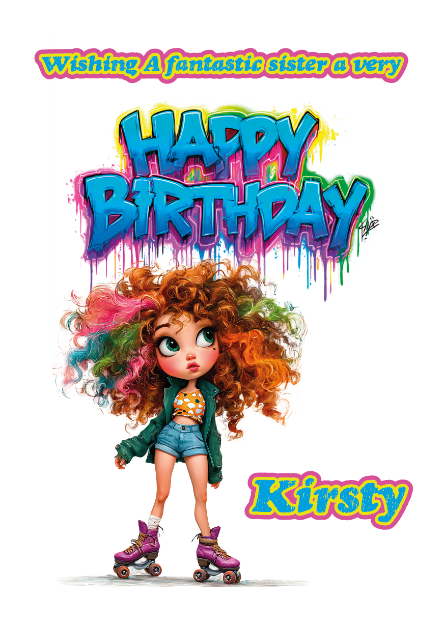 Birthday card with a cartoon Girl on skates  and 'Happy Birthday' text, and personalised with name and relation. placed on a festive background with balloons and a gift.