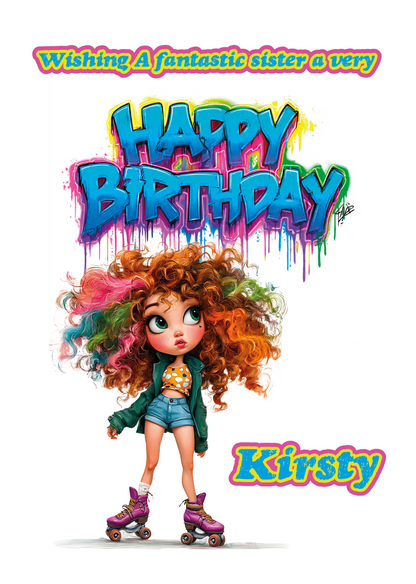 Birthday card with a cartoon Girl on skates  and 'Happy Birthday' text, and personalised with name and relation. placed on a festive background with balloons and a gift.