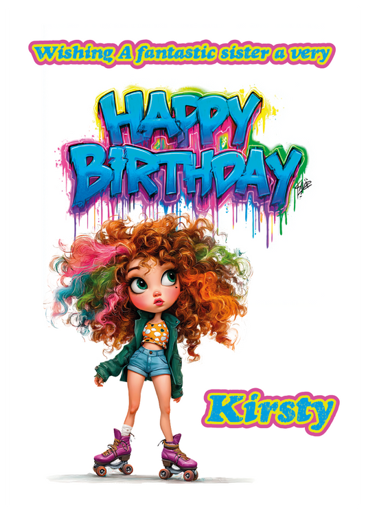 Birthday card with a cartoon Girl on skates  and 'Happy Birthday' text, and personalised with name and relation. placed on a festive background with balloons and a gift.