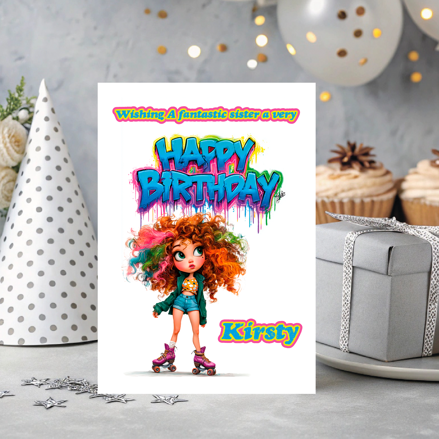 Birthday card with a cartoon Girl on skates  and 'Happy Birthday' text, and personalised with name and relation. placed on a festive background with balloons and a gift.