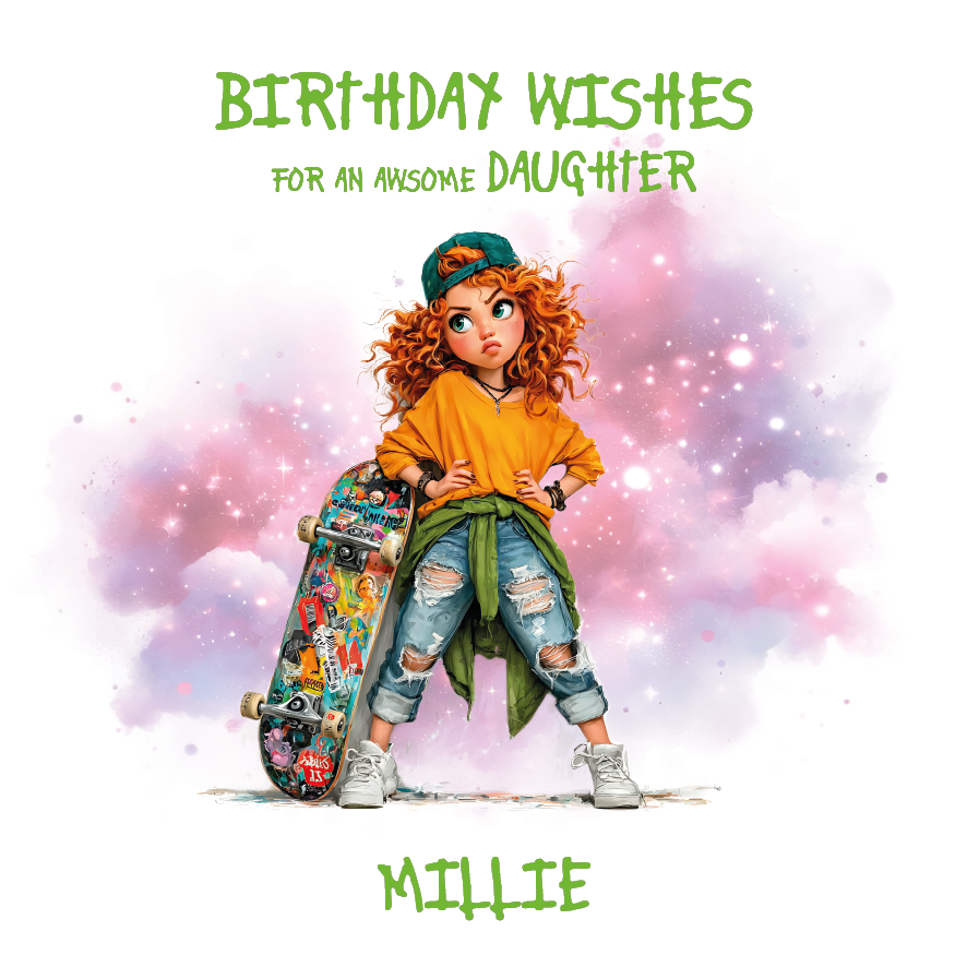 Illustration of a girl with a skateboard on a colorful background with 'Birthday Wishes for an Awesome  then personalised relation and name' text.