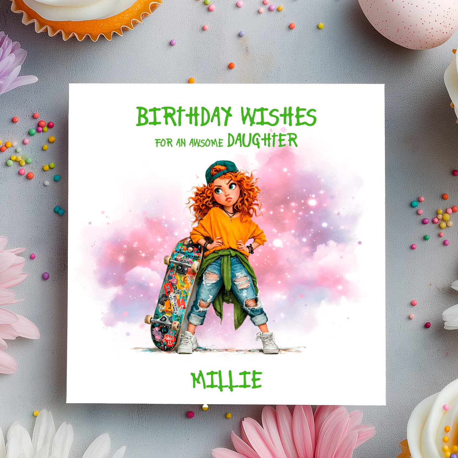 Birthday card with a cartoon character holding a skateboard, surrounded by colorful candies and flowers on a gray background.