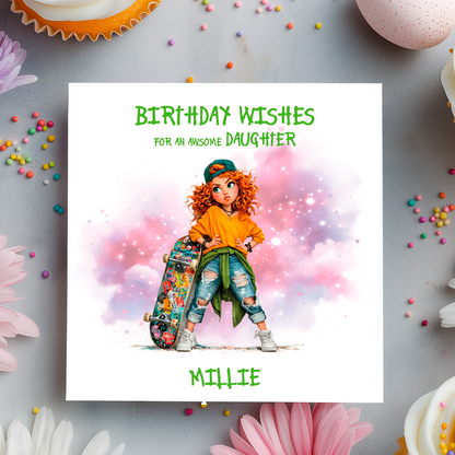 Birthday card with a cartoon character holding a skateboard, surrounded by colorful candies and flowers on a gray background.