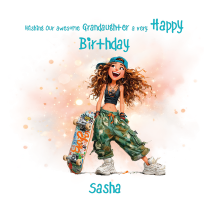 llustration of a young girl with a skateboard, with text wishing a happy birthday to  an awesome' then personalised with name and relation