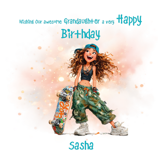llustration of a young girl with a skateboard, with text wishing a happy birthday to  an awesome' then personalised with name and relation
