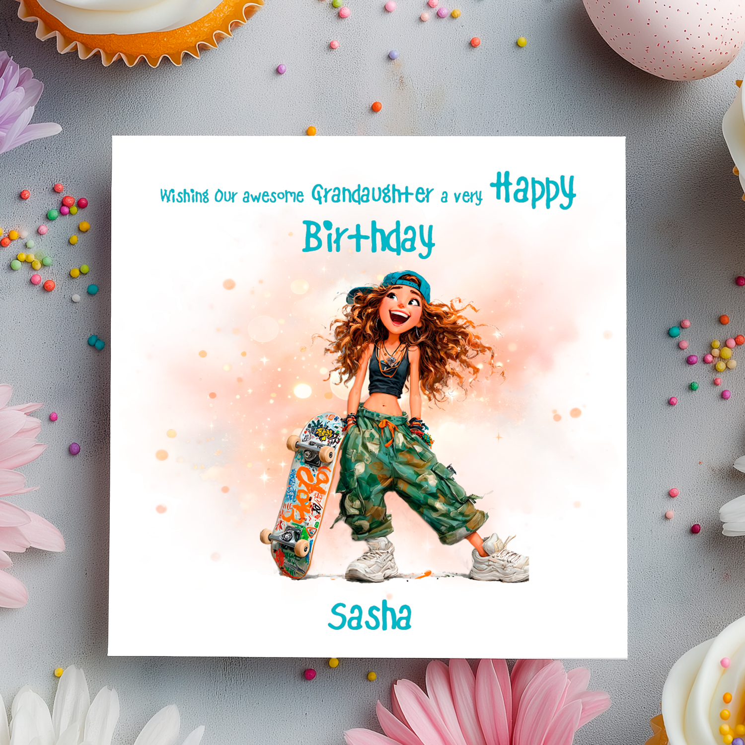Birthday card with illustration of a girl with a skateboard, surrounded by colorful confetti and flowers on a gray background.