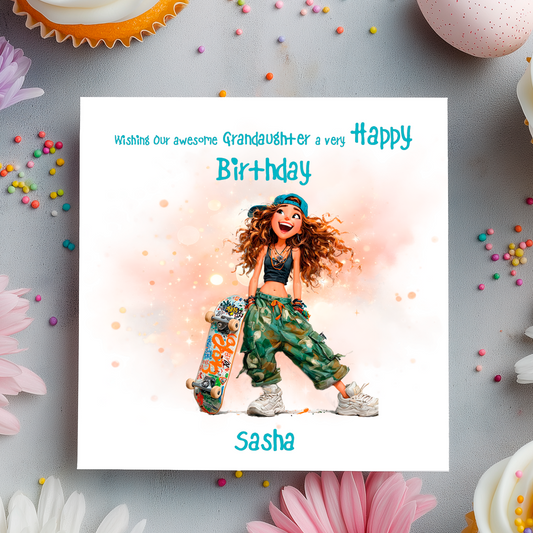 Birthday card with illustration of a girl with a skateboard, surrounded by colorful confetti and flowers on a gray background.