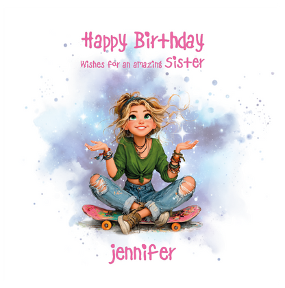 Cartoon character sitting on a skateboard with 'Happy Birthday' text then personalised with name and relation on a white background