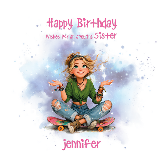 Cartoon character sitting on a skateboard with 'Happy Birthday' text then personalised with name and relation on a white background