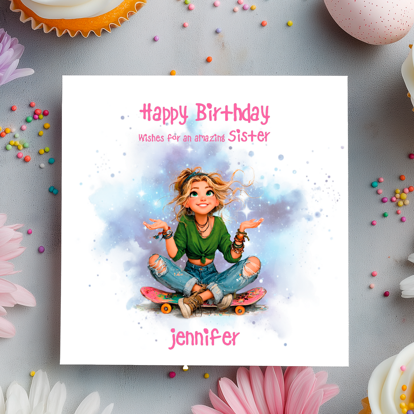 Birthday card  with a cartoon character sat on a skateboard on a colorful backgroun
