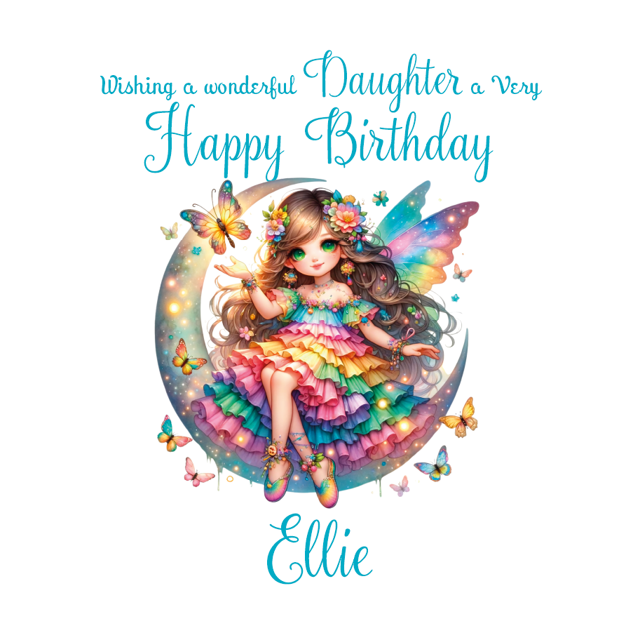 Colorful birthday card with a fairy sitting on a moon, surrounded by butterflies, and text 'Wishing a wonderful Daughter a Very Happy Birthday Ellie'.