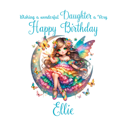 Colorful birthday card with a fairy sitting on a moon, surrounded by butterflies, and text 'Wishing a wonderful Daughter a Very Happy Birthday Ellie'.