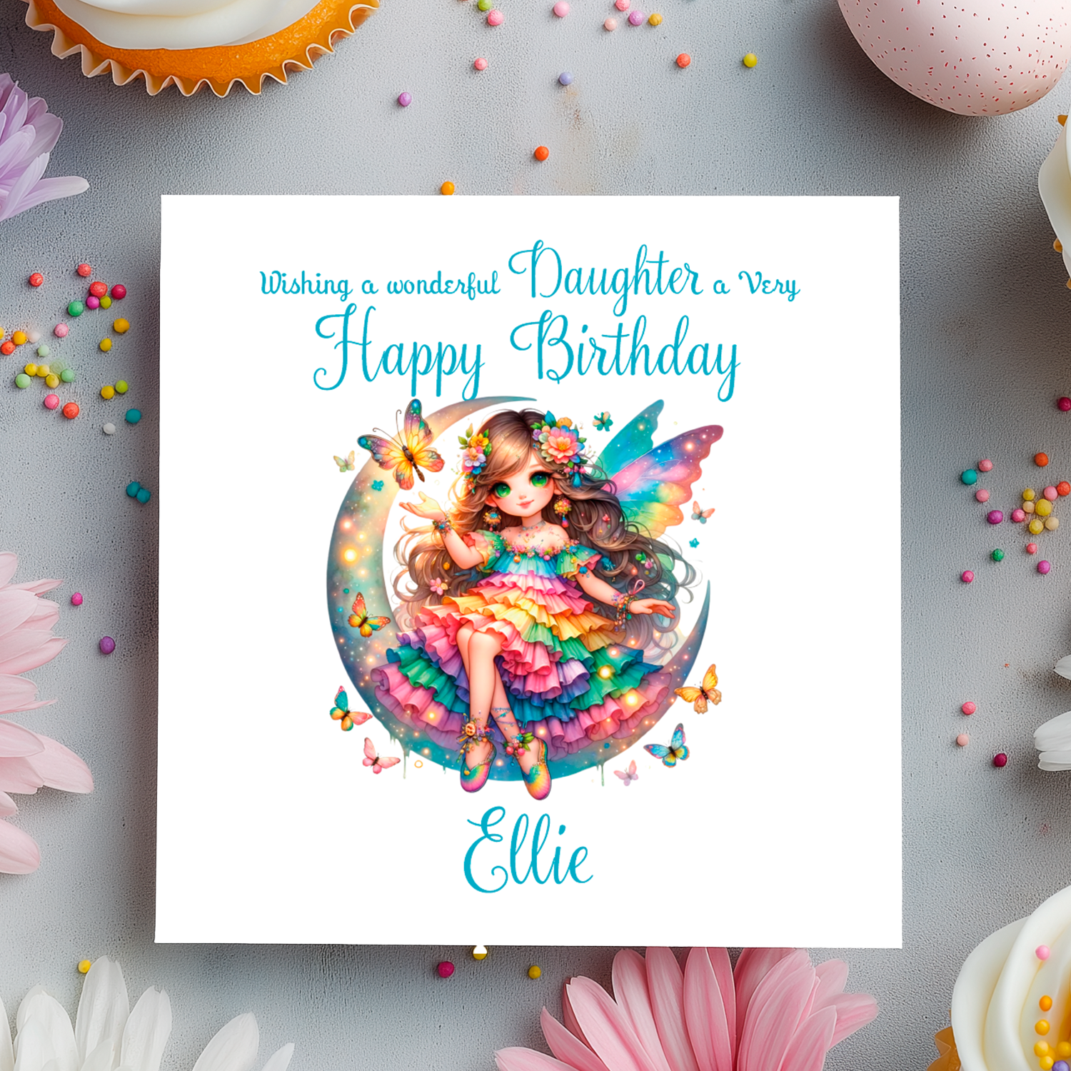 Birthday card with a colorful fairy design on a decorative background with flowers and candies.
