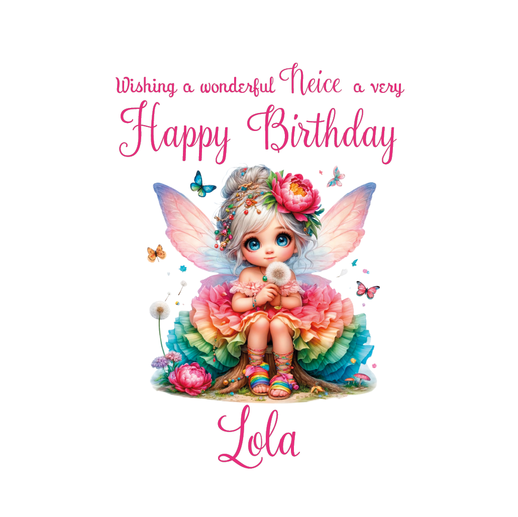 Colorful fairy holding a dandelion with butterflies and flowers, surrounded by birthday wishes on a white background. with personalised name and relation birthday wishes text