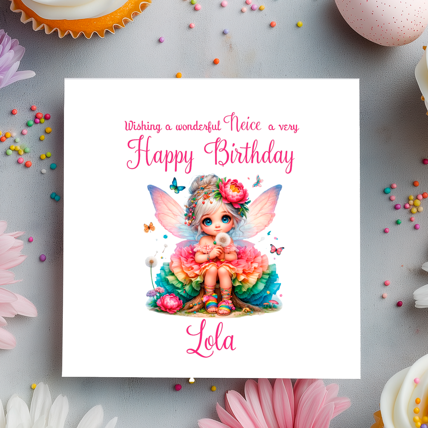 Birthday card with a fairy illustration and colorful text on a decorative background with flowers and candies.
