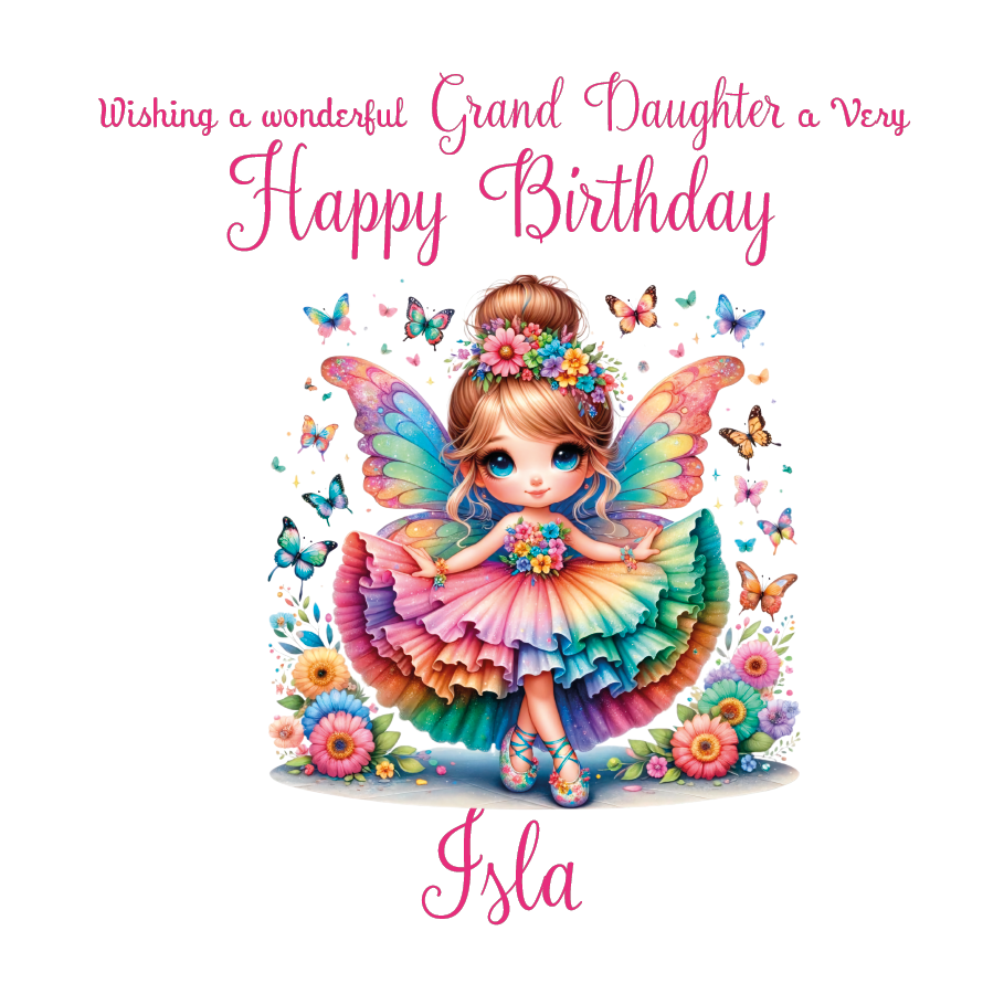 Colorful birthday card with a fairy character and butterflies on a white background.personalosed with name and relation.