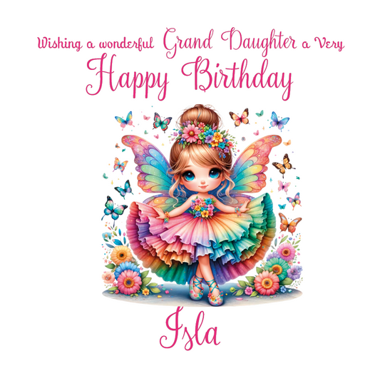 Colorful birthday card with a fairy character and butterflies on a white background.personalosed with name and relation.
