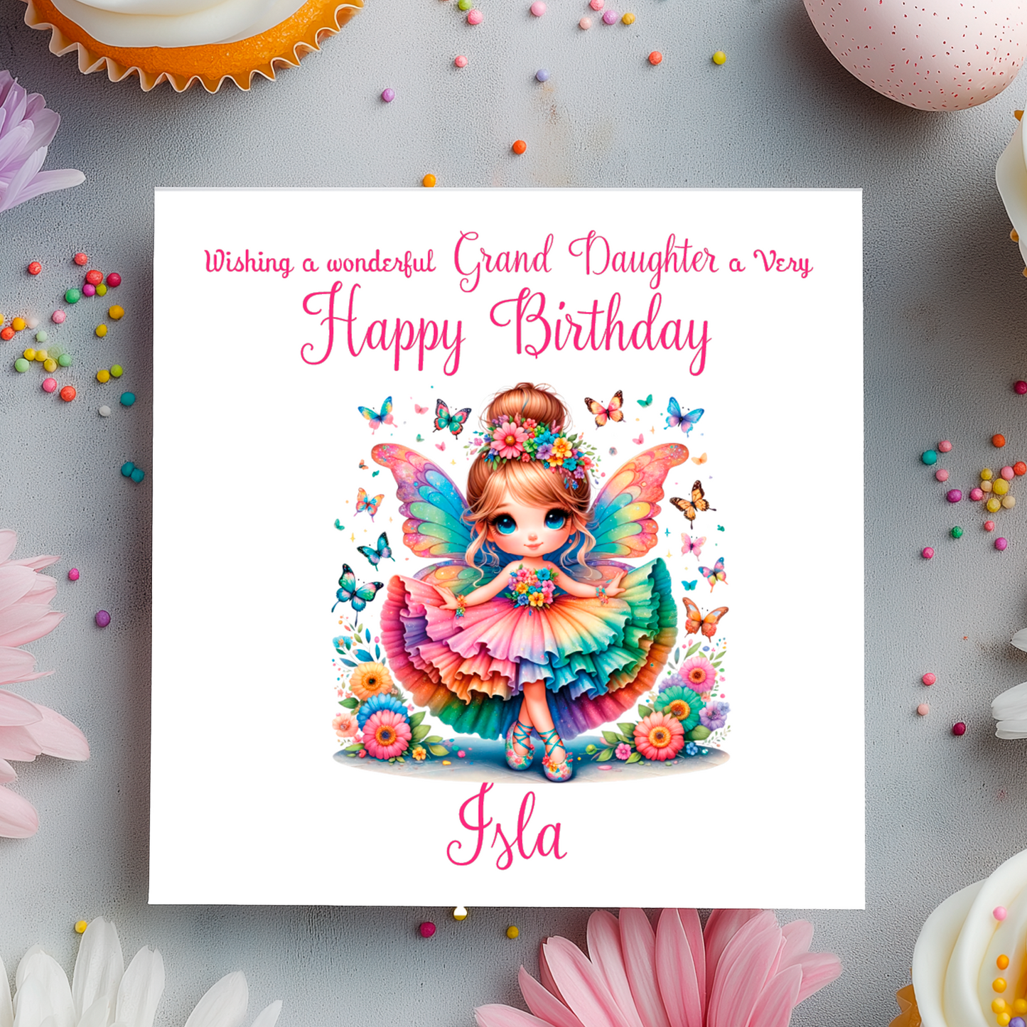Birthday card with a colorful fairy illustration and decorative elements on a gray background.