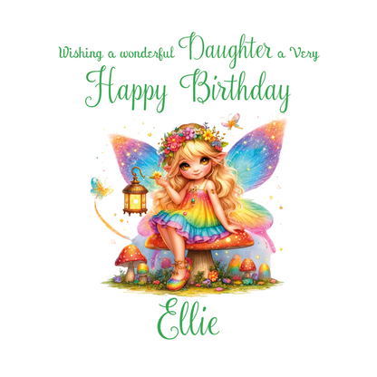 Colorful fairy sitting on a mushroom with birthday wishes and personalised with name  and relation on a white background.