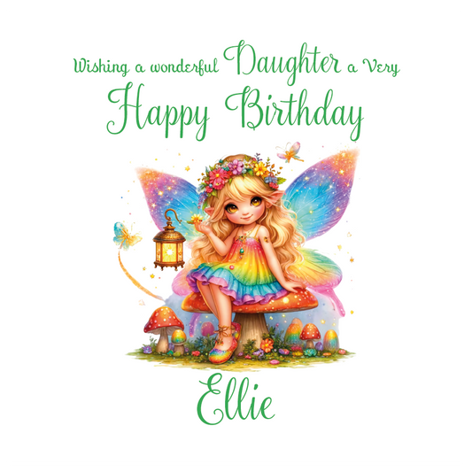 Colorful fairy sitting on a mushroom with birthday wishes and personalised with name  and relation on a white background.