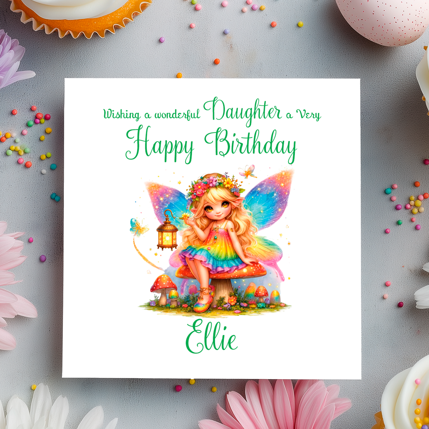 Birthday card with a colorful fairy illustration and personalized text on a decorative background.