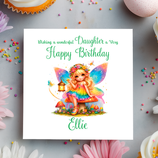 Birthday card with a colorful fairy illustration and personalized text on a decorative background.