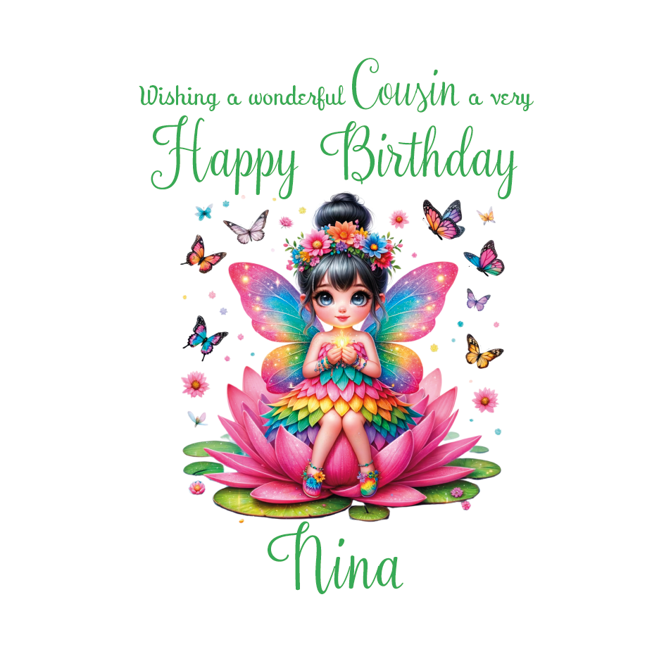 Colorful birthday card with a fairy character on a pink flower, surrounded by butterflies, and  Personalised text .