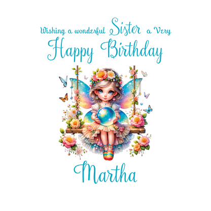 Fairy character on a swing with flowers and butterflies, and personalised name and relation text
