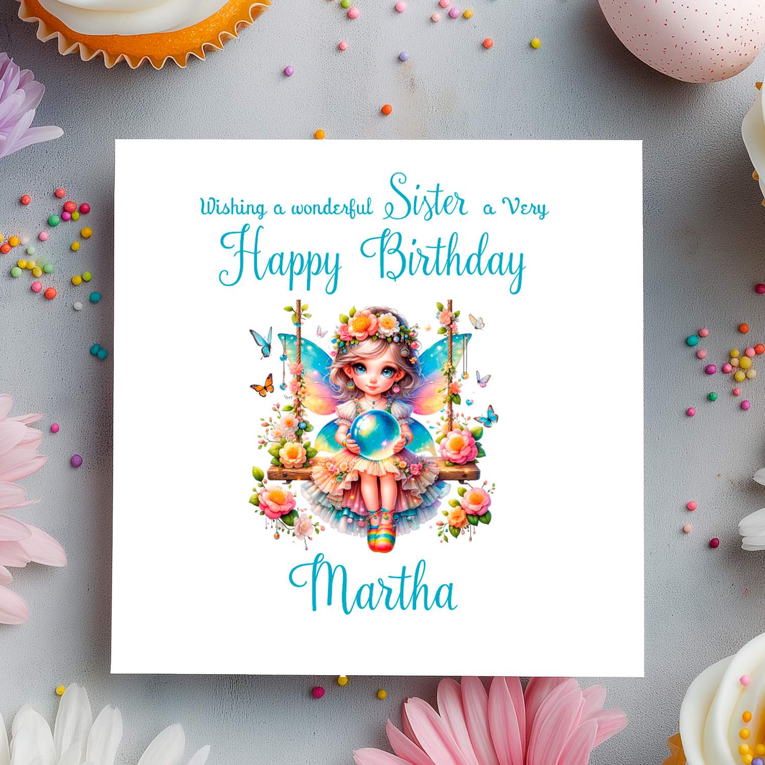 Birthday card with a fairy illustration and colorful text on a decorative background with flowers and candies.