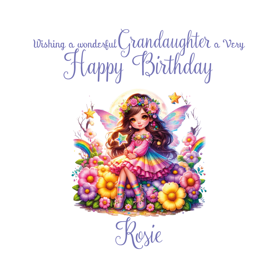 Birthday card with a fairy character surrounded by flowers and stars, wishing a wonderful relation  a very happy birthday. and personalised with name and relation