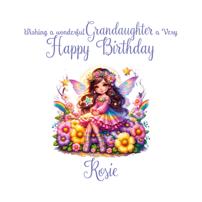 Birthday card with a fairy character surrounded by flowers and stars, wishing a wonderful relation  a very happy birthday. and personalised with name and relation