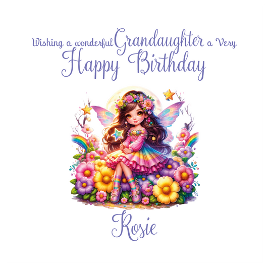 Birthday card with a fairy character surrounded by flowers and stars, wishing a wonderful relation  a very happy birthday. and personalised with name and relation