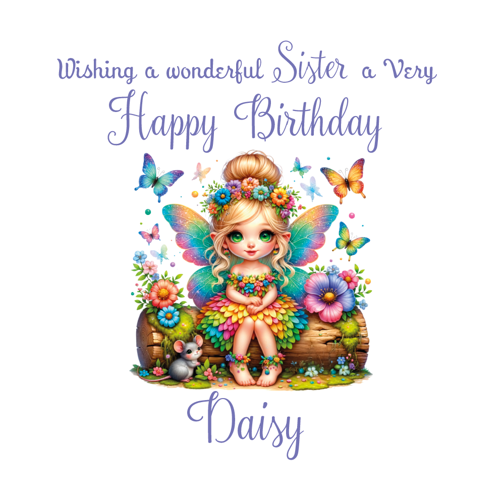 Birthday card with a fairy character sat on a log surrounded by flowers  and butterflies with personalised name and relation birthday wishes on a white background