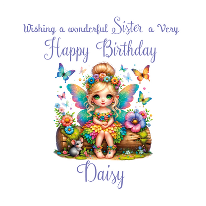 Birthday card with a fairy character sat on a log surrounded by flowers  and butterflies with personalised name and relation birthday wishes on a white background