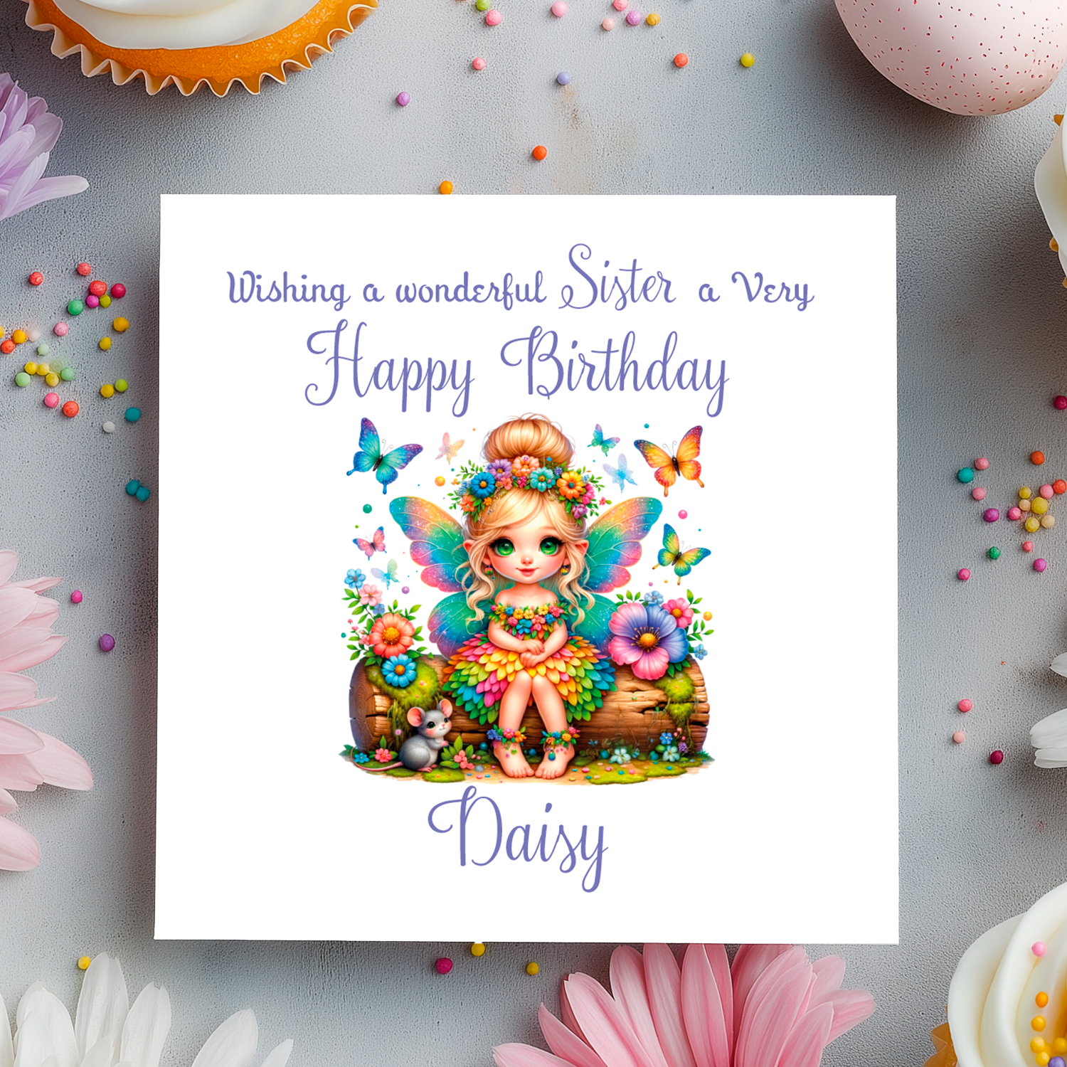 Birthday card with a fairy illustration and colorful text on a decorative background with flowers and candies.