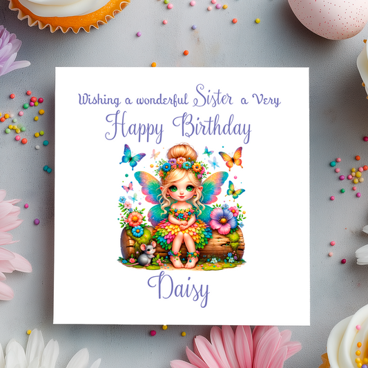 Birthday card with a fairy illustration and colorful text on a decorative background with flowers and candies.