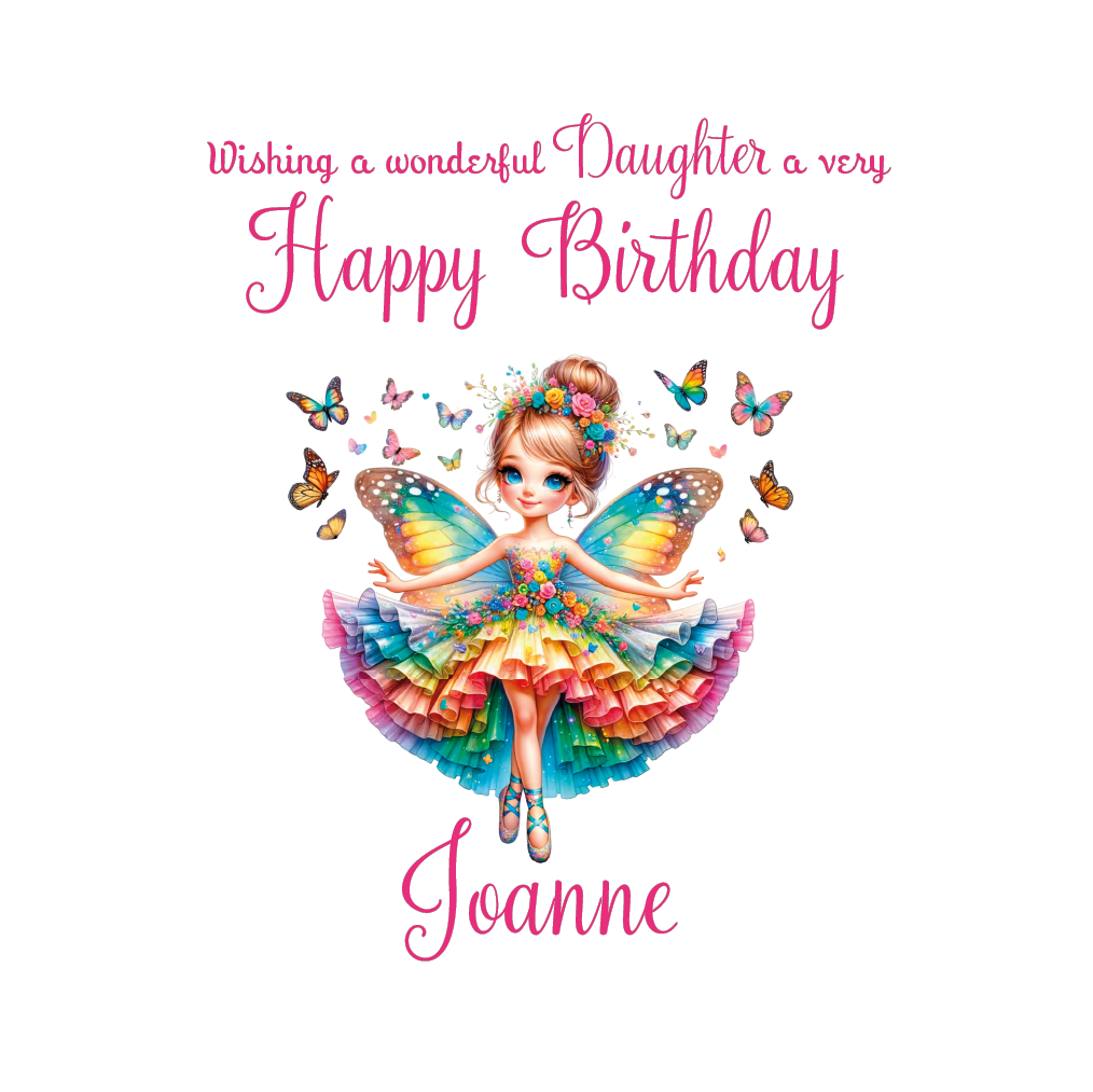 Colorful birthday card with a  rainbow fairy and butterflies, and personalized name and relation birthday wishes.