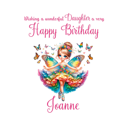 Colorful birthday card with a  rainbow fairy and butterflies, and personalized name and relation birthday wishes.