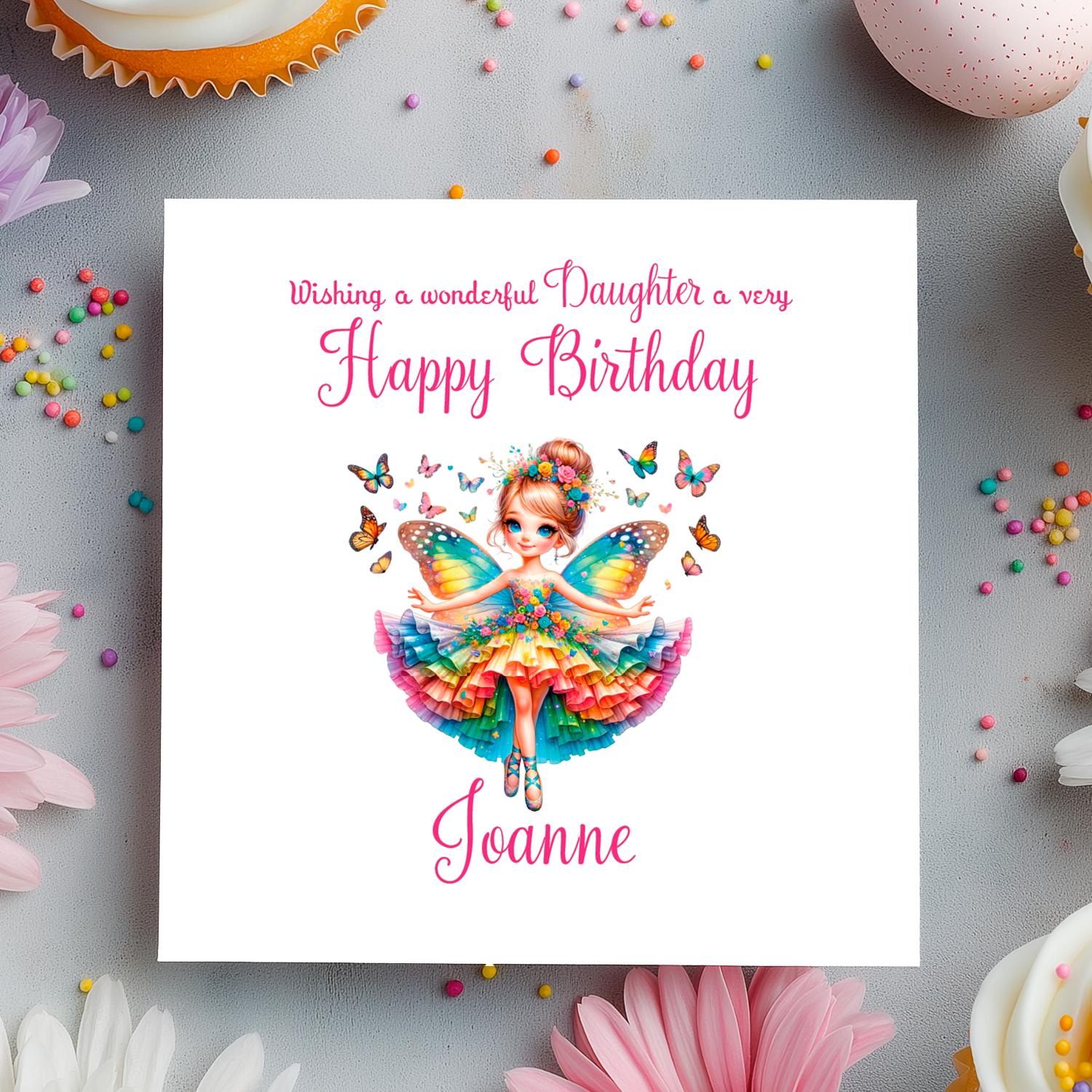 Birthday card with a colorful fairy illustration on a decorative background with flowers and candies.