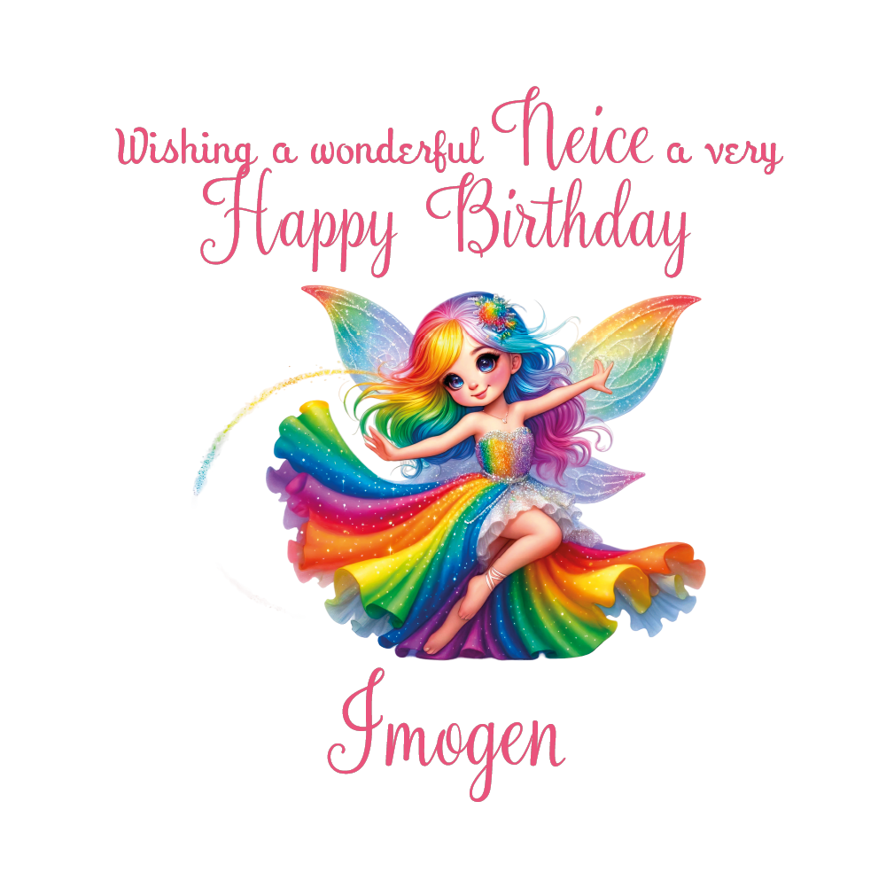Colorful fairy with rainbow hair and dress on a white background, wishing 'Happy Birthday' with  personalised name and relation text.