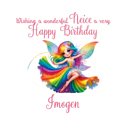 Colorful fairy with rainbow hair and dress on a white background, wishing 'Happy Birthday' with  personalised name and relation text.