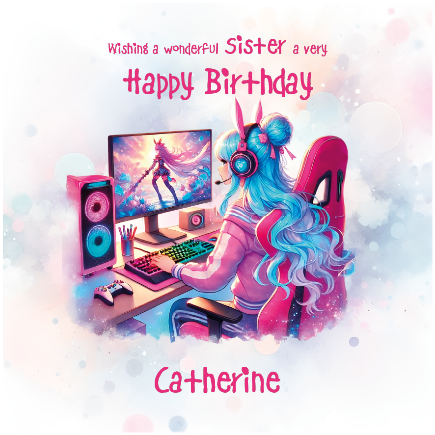 Birthday card with cartoon illustration of girl with blue hair playing a computer game with Birthday wishes text and personalised for name and relation