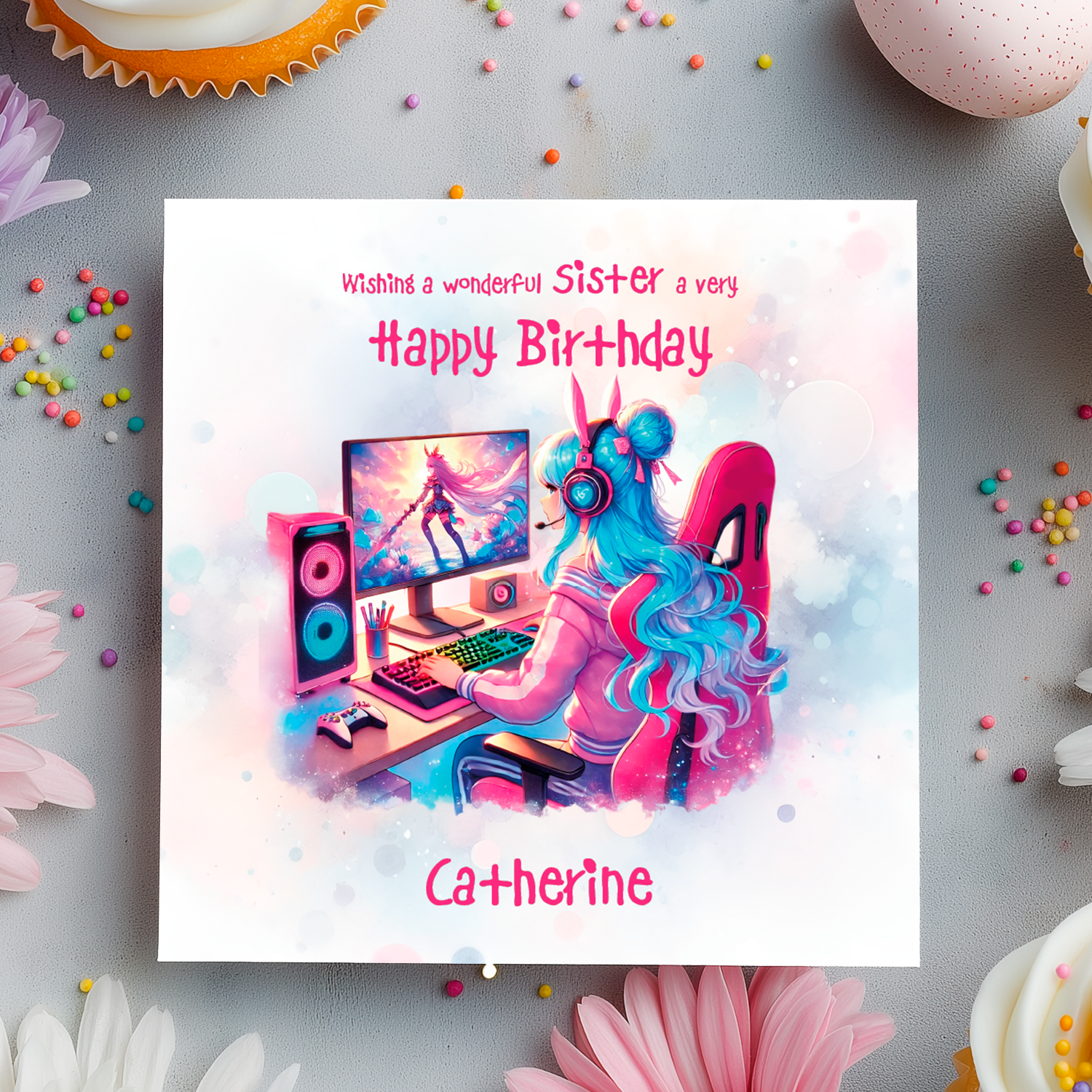 Birthday card with cartoon illustration of girl with blue hair playing a computer game with Birthday wishes text and personalised for name and relation