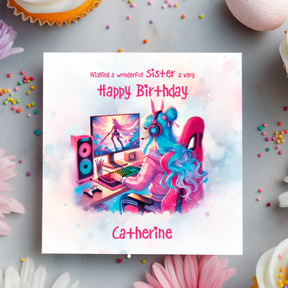 Birthday card with cartoon illustration of girl with blue hair playing a computer game with Birthday wishes text and personalised for name and relation