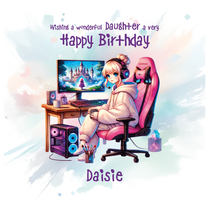 Birthday card with cartoon illustration of girl sat at desk playing a computer game wearing a onesie. with birthday wishes text and personalised name and relation