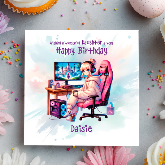 Birthday card with cartoon illustration of girl sat at desk playing a computer game wearing a onesie. with birthday wishes text and personalised name and relation