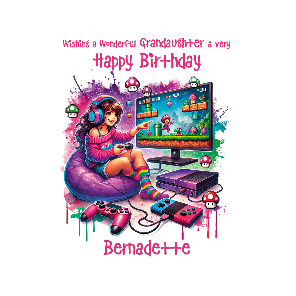birthday card with cartoon illustration of girl sat on been bag playing retro game. Birthday wishes text and personalised name and relation