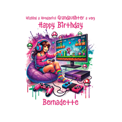 birthday card with cartoon illustration of girl sat on been bag playing retro game. Birthday wishes text and personalised name and relation