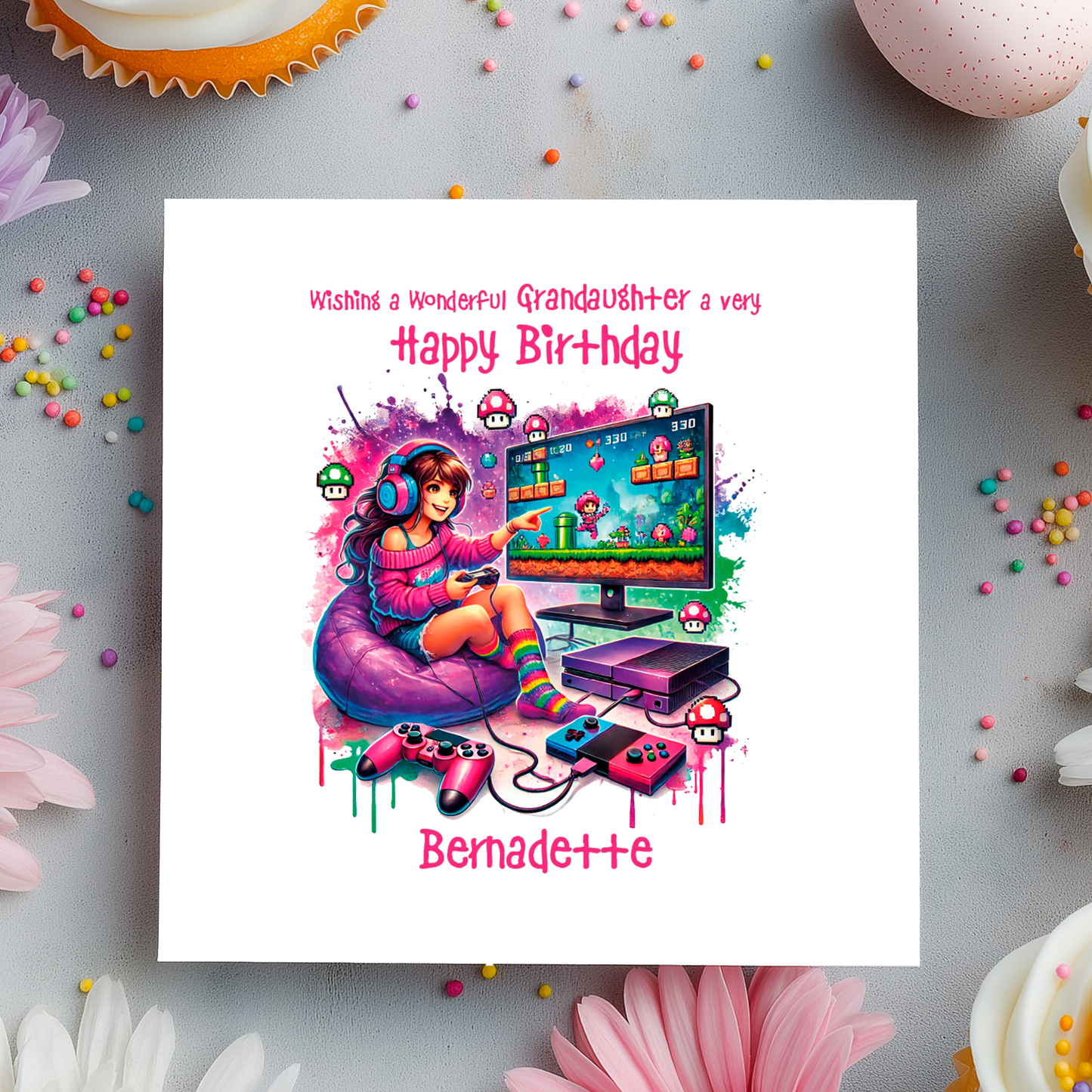 birthday card with cartoon illustration of girl sat on been bag playing retro game. Birthday wishes text and personalised name and relation