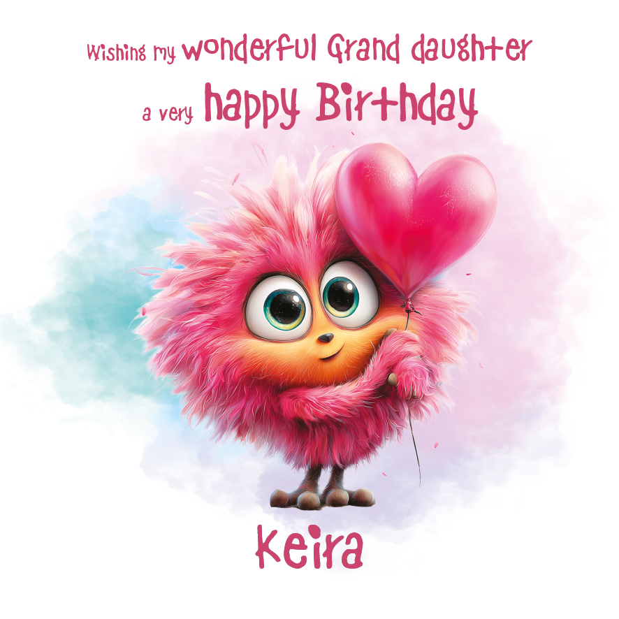  Cute cartoon Monster character with a heart balloon and  Happy Birthday message  which can be personalised for name, age and relation on a colorful background